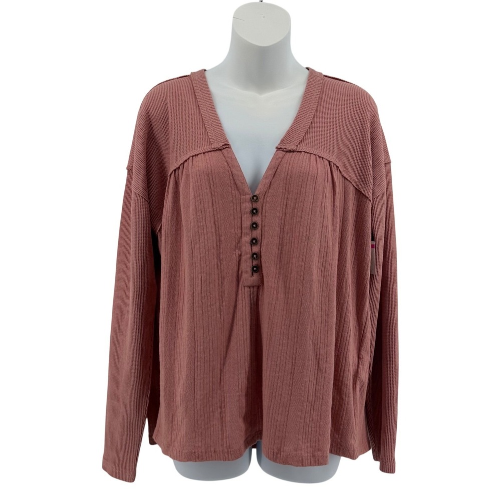 Lucky Brand Henley Top Womens Medium Mauve Waffle Knit Mixed Media Long Sleeve